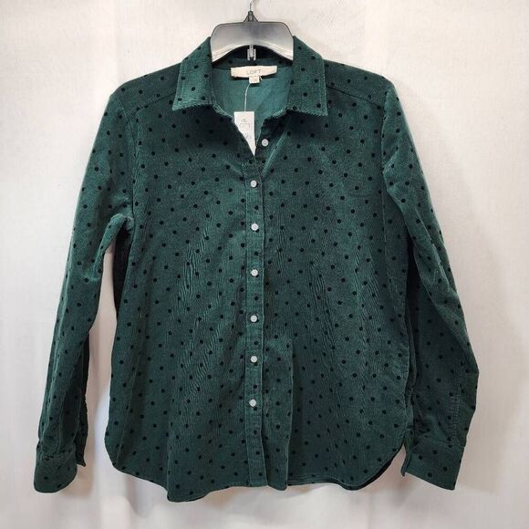 LOFT Women's Small Green Corduroy Black Polka-dot Button-Down Shirt Career Workw - Picture 1 of 7
